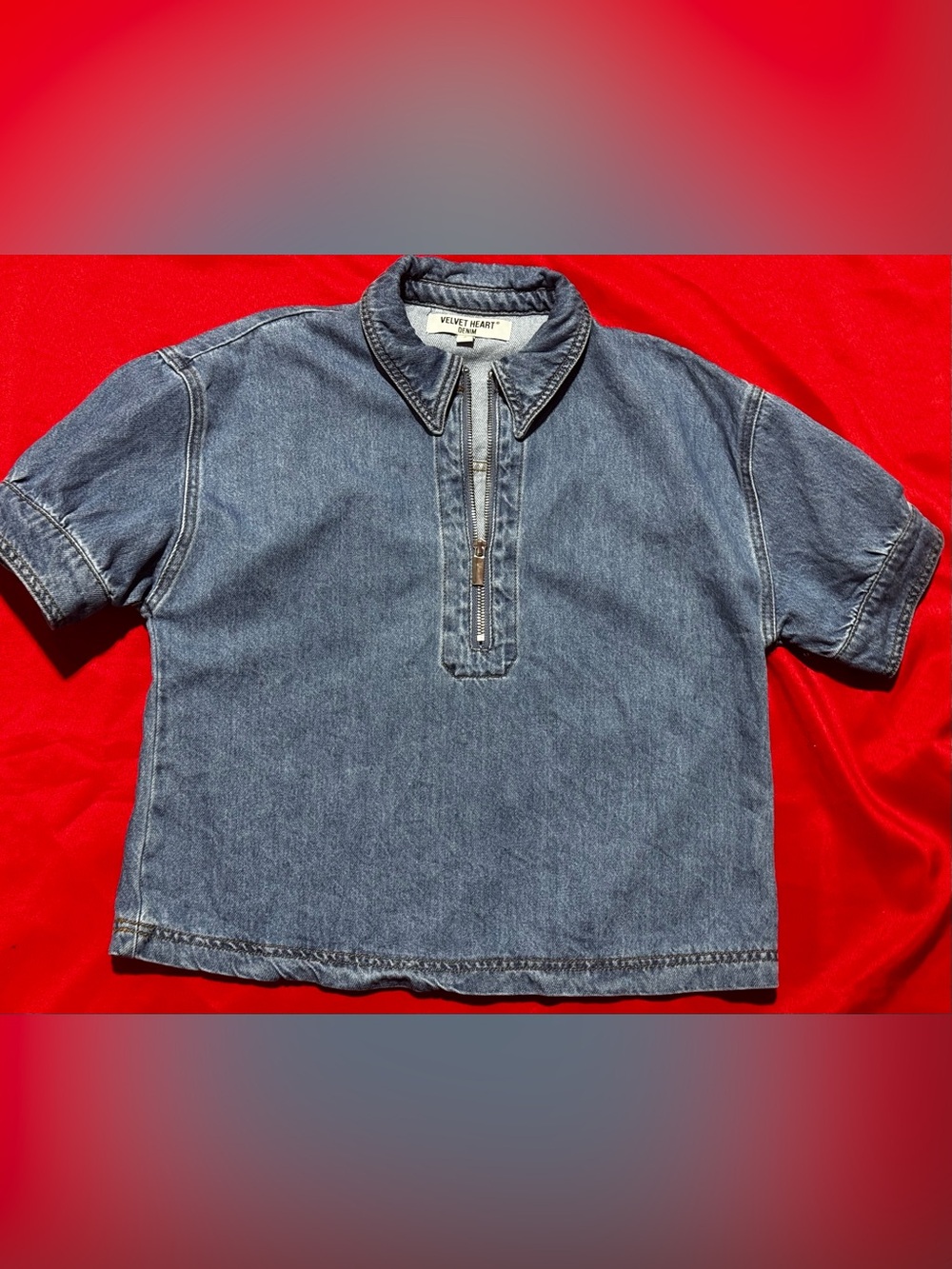 Velvet Heart Denim Short-Sleeve Zip Polo Top - Blue